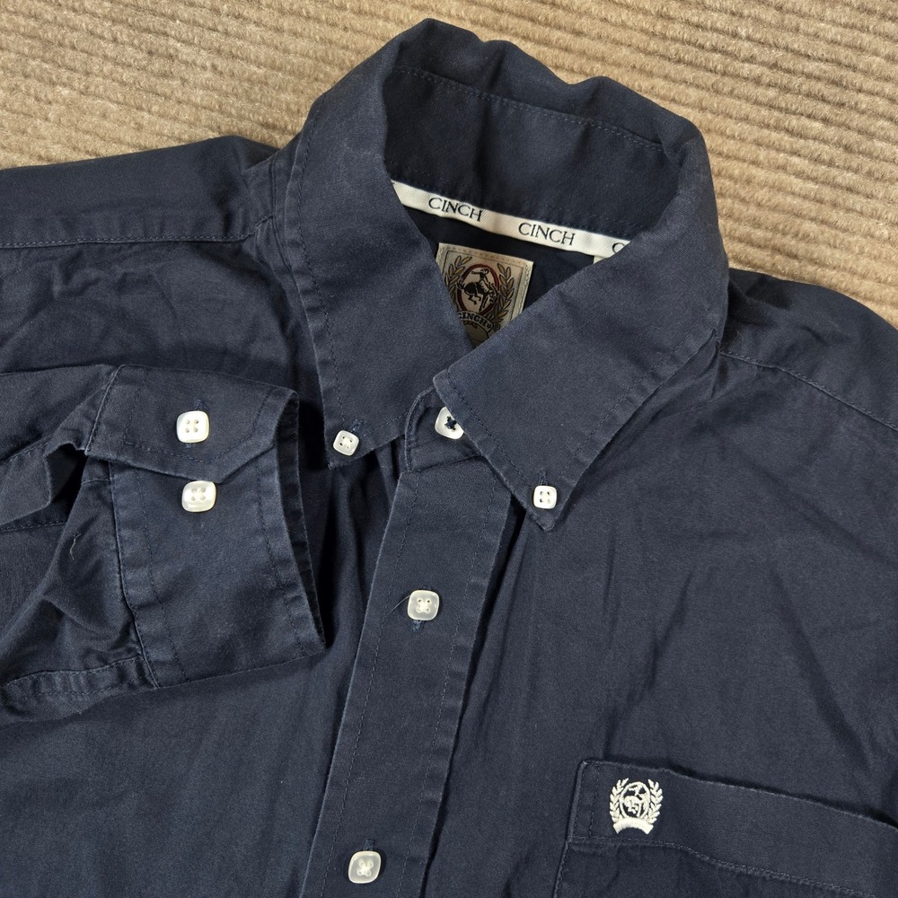 Cinch Mens XS Navy Blue Solid Long Sleeve Button Down Logo Shirt‎
